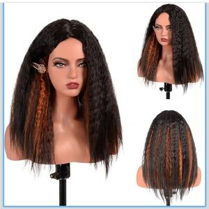 Kinky Straight Corn Silk Curly Wig 18 Inch Yaki Crimped Waves Synthetic Yaki Wig